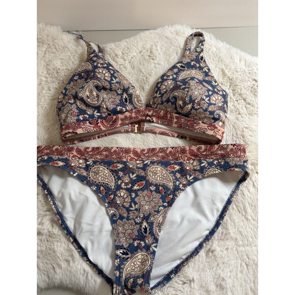 BODEN Arezzo V-neck Bikini Top True Navy, Paisley Terrace & Matching Bottom 8-10 - Picture 1 of 10